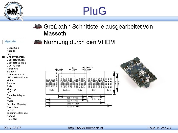 Plu. G Großbahn Schnittstelle ausgearbeitet von Massoth Normung durch den VHDM Begrüßung Agenda Intro