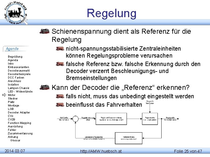 Regelung Schienenspannung dient als Referenz für die Regelung Begrüßung Agenda Intro Einbauvarianten Decoderauswahl Decoderbeispiele