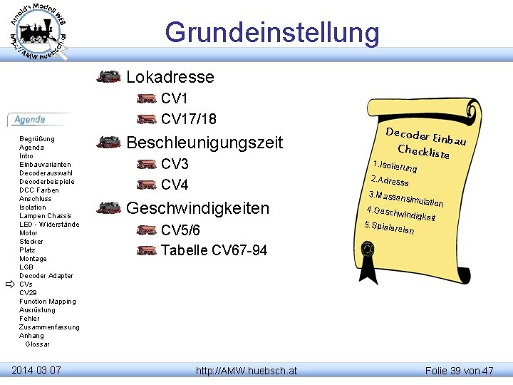 Grundeinstellung Lokadresse CV 17/18 Begrüßung Agenda Intro Einbauvarianten Decoderauswahl Decoderbeispiele DCC Farben Anschluss Isolation