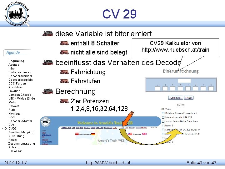 CV 29 diese Variable ist bitorientiert enthält 8 Schalter nicht alle sind belegt Begrüßung