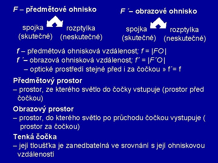 F – předmětové ohnisko spojka (skutečné) rozptylka (neskutečné) F ´– obrazové ohnisko spojka (skutečné)