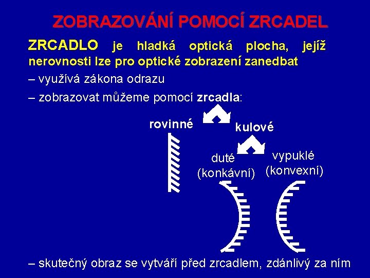 ZOBRAZOVÁNÍ POMOCÍ ZRCADEL ZRCADLO je hladká optická plocha, jejíž nerovnosti lze pro optické zobrazení