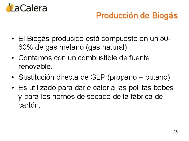 Producción de Biogás • El Biogás producido está compuesto en un 5060% de gas