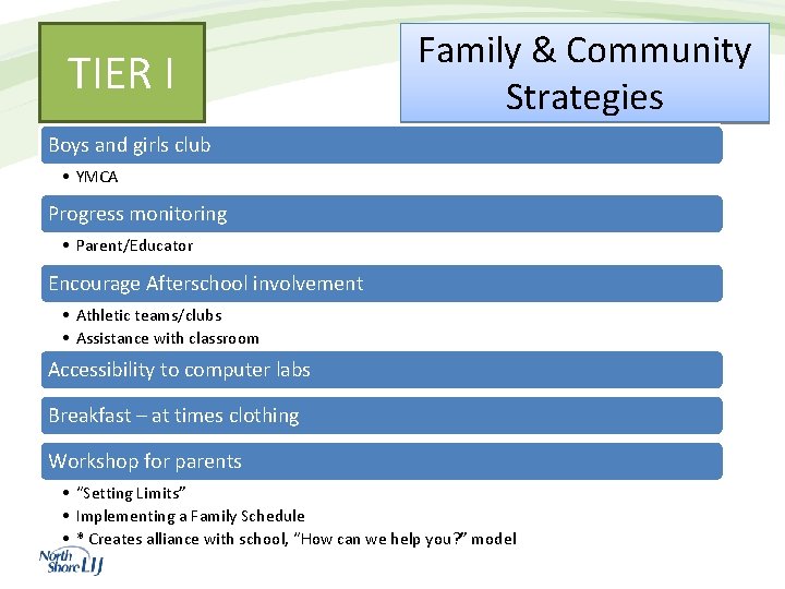 TIER I Family & Community Strategies Boys and girls club • YMCA Progress monitoring