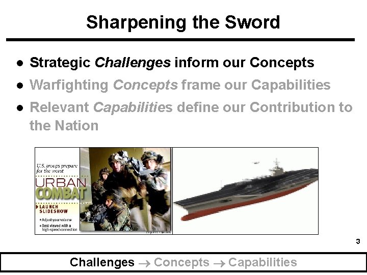 Sharpening the Sword l Strategic Challenges inform our Concepts l Warfighting Concepts frame our