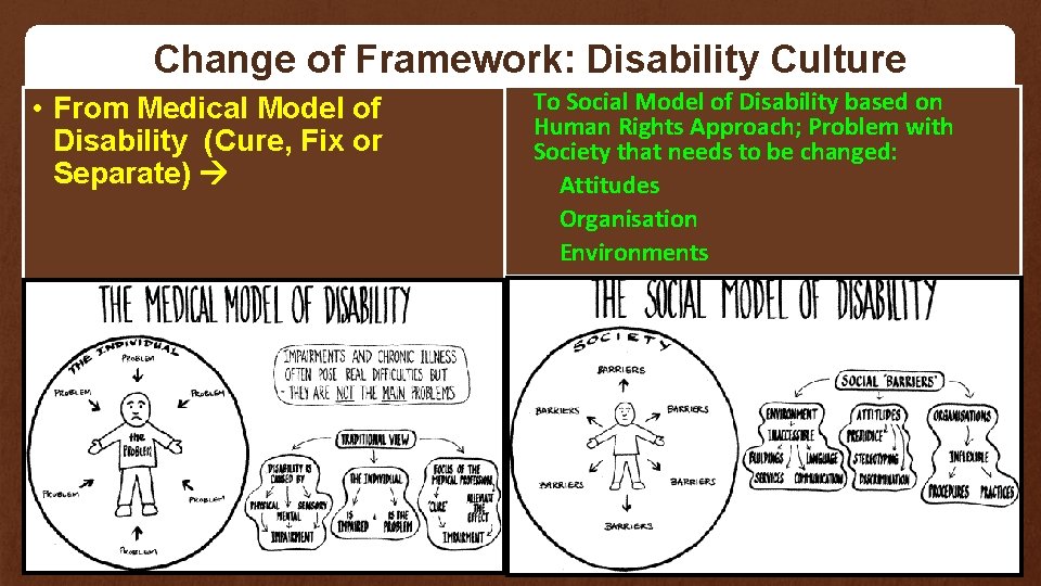 Change of Framework: Disability Culture • From Medical Model of Disability (Cure, Fix or