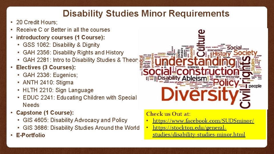 Disability Studies Minor Requirements • 20 Credit Hours; • Receive C or Better in