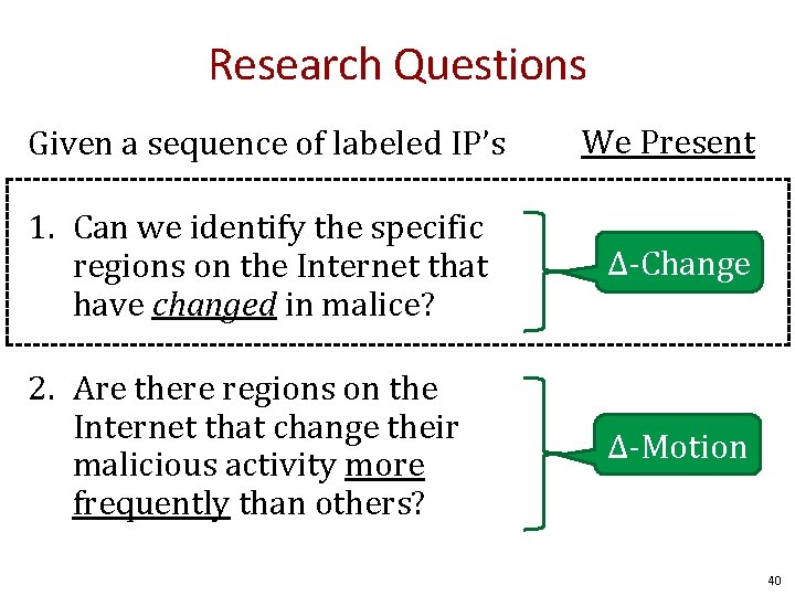 Research Questions Given a sequence of labeled IP’s We Present 1. Can we identify