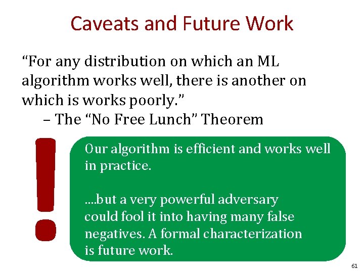 Caveats and Future Work “For any distribution on which an ML algorithm works well,