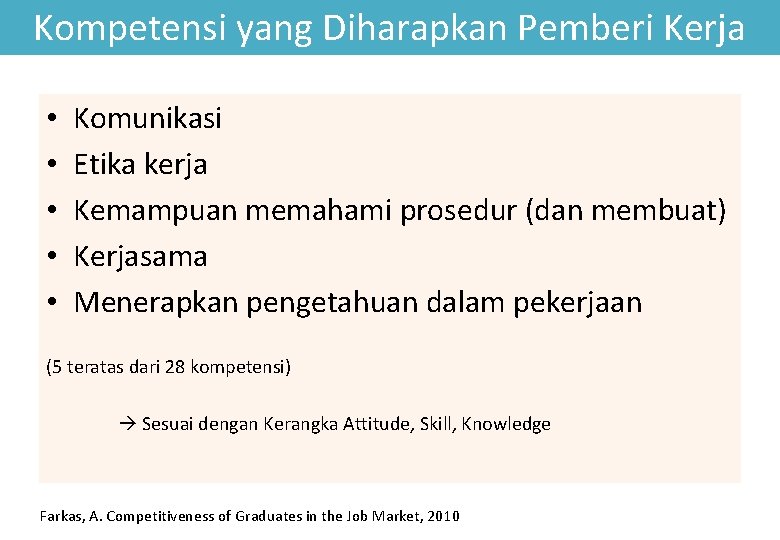 Kompetensi yang Diharapkan Pemberi Kerja • • • Komunikasi Etika kerja Kemampuan memahami prosedur