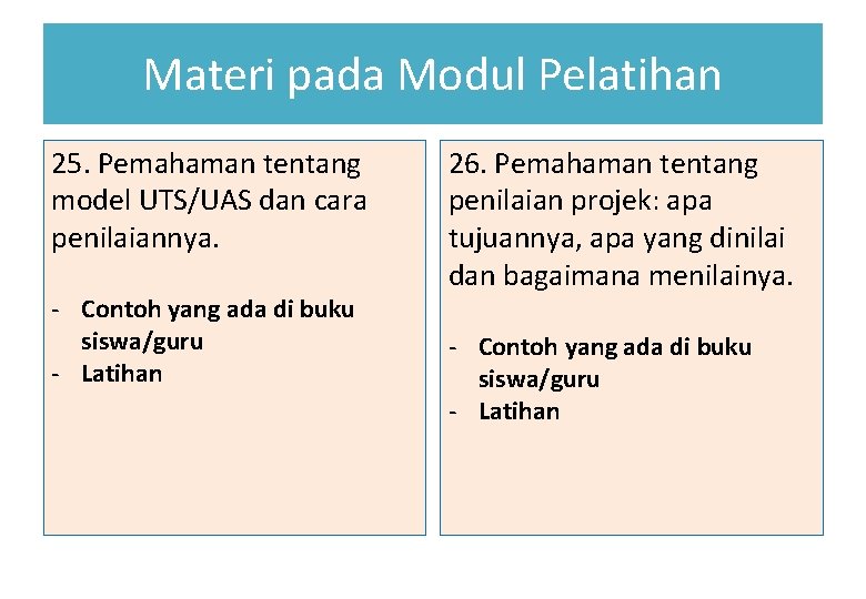 Materi pada Modul Pelatihan 25. Pemahaman tentang model UTS/UAS dan cara penilaiannya. - Contoh