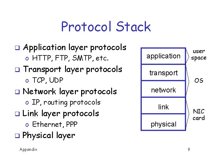 Protocol Stack q Application layer protocols o HTTP, FTP, SMTP, etc. q Transport layer