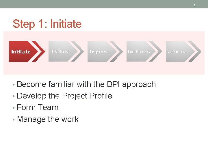 9 Step 1: Initiate Explore Improve Implement • Become familiar with the BPI approach