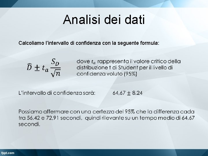 Analisi dei dati Calcoliamo l’intervallo di confidenza con la seguente formula: 