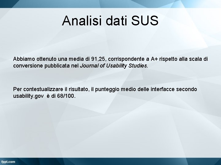 Analisi dati SUS Abbiamo ottenuto una media di 91, 25, corrispondente a A+ rispetto