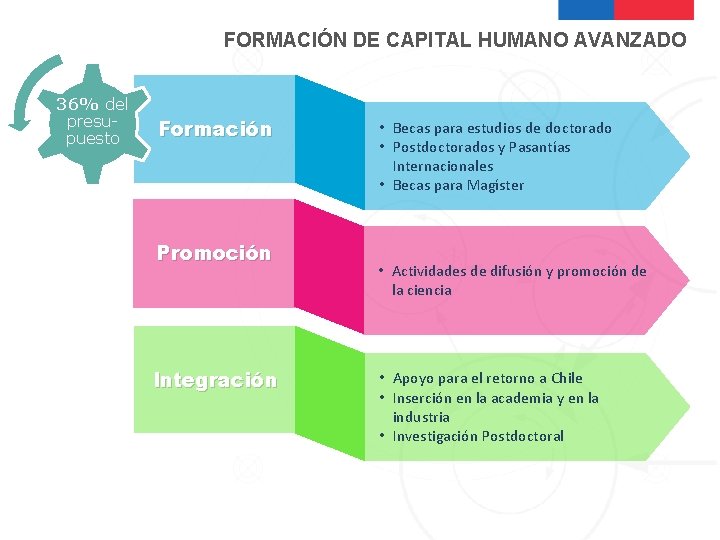 FORMACIÓN DE CAPITAL HUMANO AVANZADO 36% del presupuesto Formación Promoción Integración • Becas para
