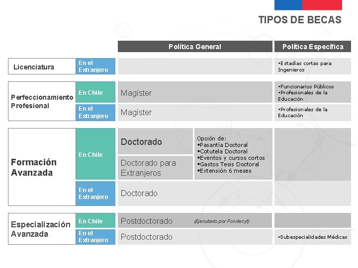 TIPOS DE BECAS Política General Licenciatura En el Extranjero En Chile Magíster Funcionarios Públicos
