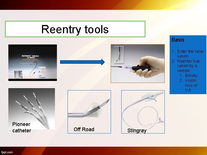 Reentry tools Basis 1. Enter the false lumen 2. Reenter true lumen by a