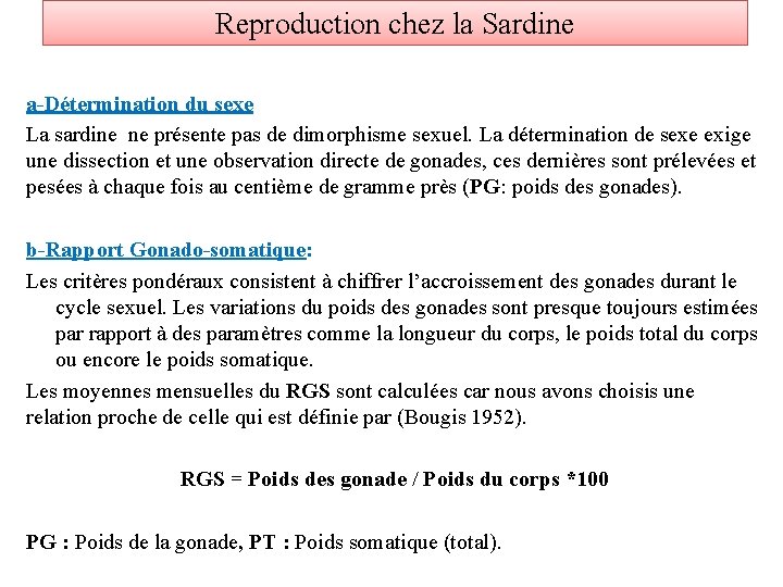 Reproduction chez la Sardine a-Détermination du sexe La sardine ne présente pas de dimorphisme