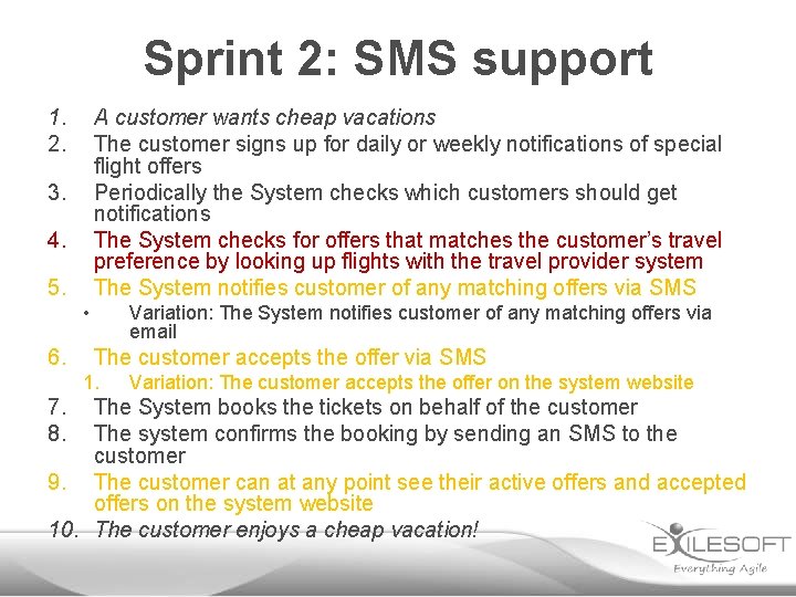Sprint 2: SMS support 1. 2. A customer wants cheap vacations The customer signs