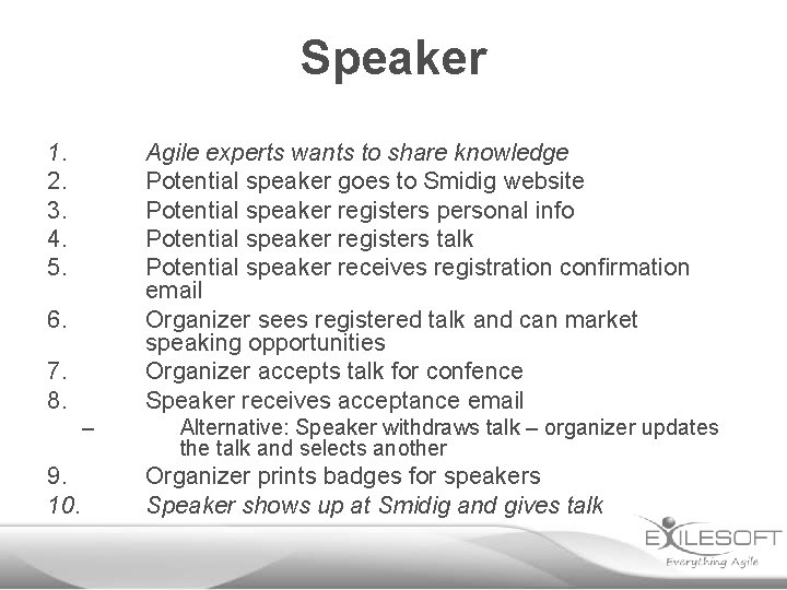 Speaker 1. 2. 3. 4. 5. Agile experts wants to share knowledge Potential speaker
