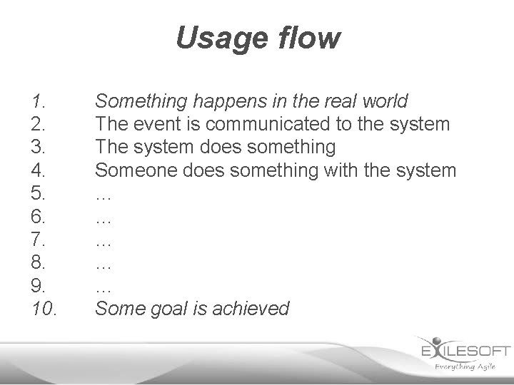 Usage flow 1. 2. 3. 4. 5. 6. 7. 8. 9. 10. Something happens