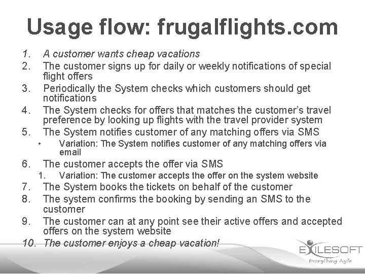 Usage flow: frugalflights. com 1. 2. A customer wants cheap vacations The customer signs