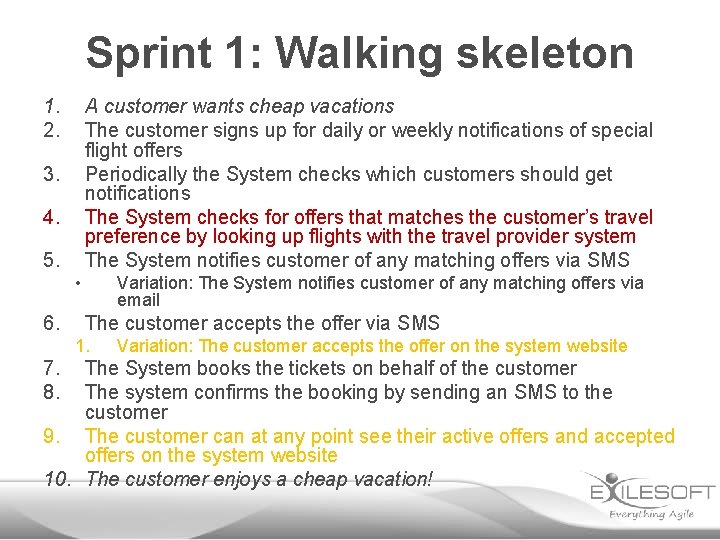 Sprint 1: Walking skeleton 1. 2. A customer wants cheap vacations The customer signs