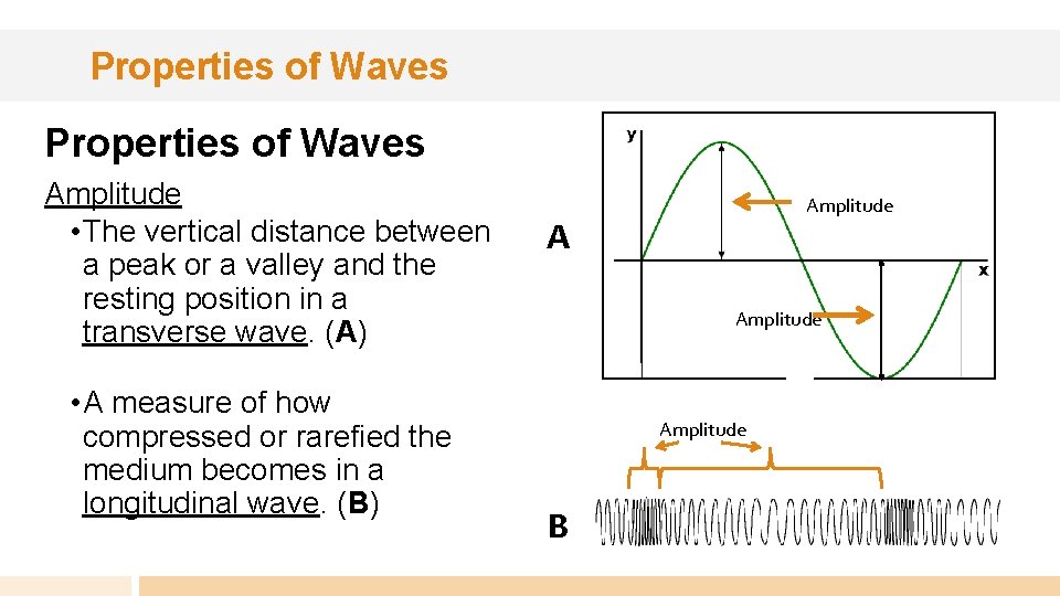 Properties of Waves Amplitude • The vertical distance between a peak or a valley