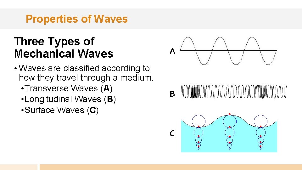 Properties of Waves Three Types of Mechanical Waves • Waves are classified according to
