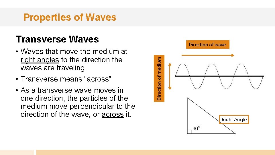 Properties of Waves Transverse Waves Direction of medium • Waves that move the medium