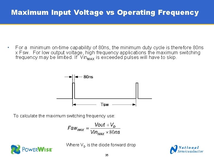 Maximum Input Voltage vs Operating Frequency • For a minimum on-time capability of 80