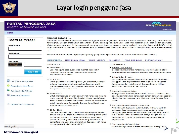Layar login pengguna jasa http: //www. beacukai. go. id 