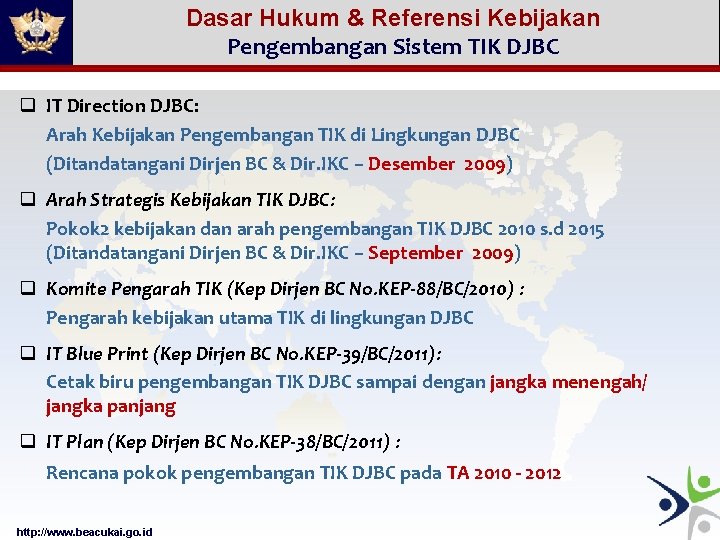 Dasar Hukum & Referensi Kebijakan Pengembangan Sistem TIK DJBC q IT Direction DJBC: Arah