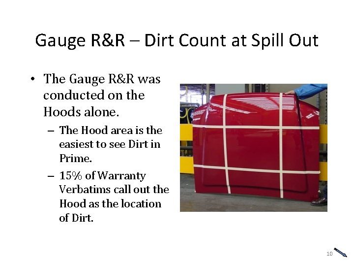 Gauge R&R – Dirt Count at Spill Out • The Gauge R&R was conducted