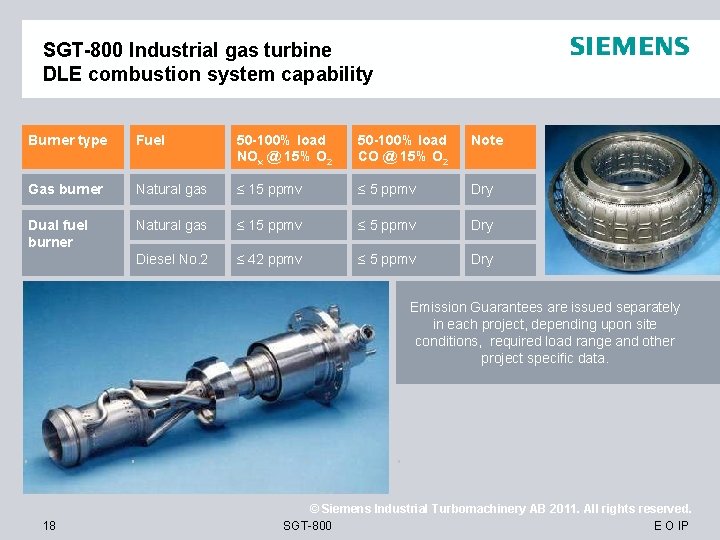 SGT-800 Industrial gas turbine DLE combustion system capability Burner type Fuel 50 -100% load