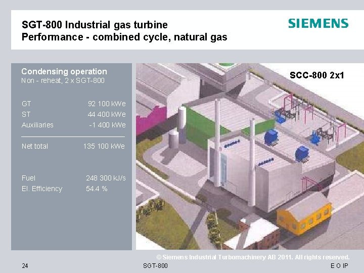 SGT-800 Industrial gas turbine Performance - combined cycle, natural gas Condensing operation Non -