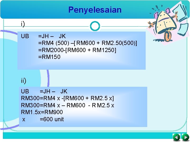 Penyelesaian i) UB =JH – JK =RM 4 (500) –[ RM 600 + RM