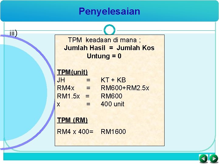 Penyelesaian iii) TPM keadaan di mana ; Jumlah Hasil = Jumlah Kos Untung =