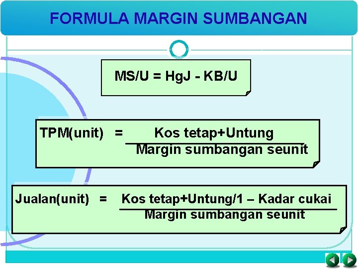 FORMULA MARGIN SUMBANGAN MS/U = Hg. J - KB/U TPM(unit) = Jualan(unit) = Kos