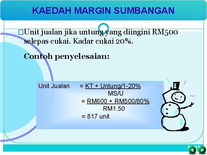 KAEDAH MARGIN SUMBANGAN �Unit jualan jika untung yang diingini RM 500 selepas cukai. Kadar