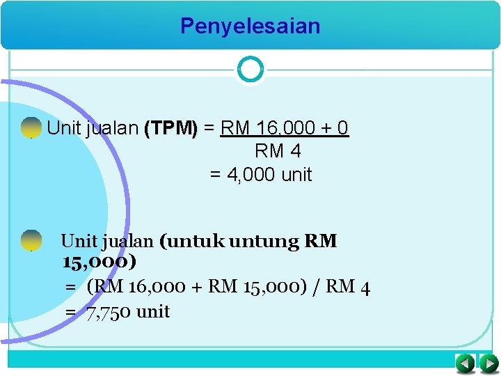 Penyelesaian • Unit jualan (TPM) = RM 16, 000 + 0 RM 4 =