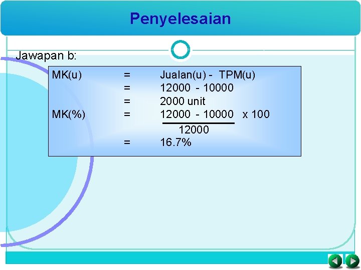 Penyelesaian Jawapan b: MK(u) MK(%) = = = Jualan(u) - TPM(u) 12000 - 10000