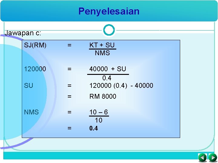 Penyelesaian Jawapan c: SJ(RM) = KT + SU NMS 120000 = SU = 40000