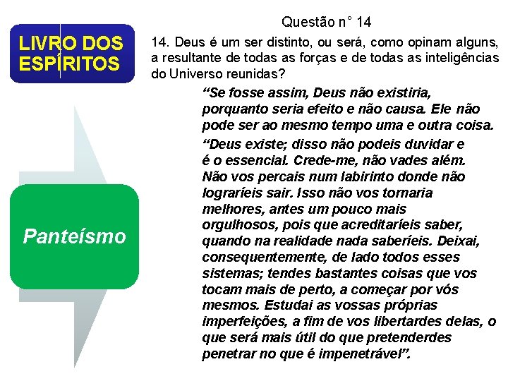 Questão n° 14 LIVRO DOS ESPÍRITOS Panteísmo 14. Deus é um ser distinto, ou
