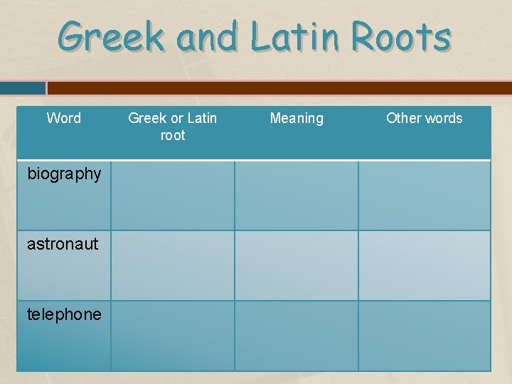 Greek and Latin Roots Word biography astronaut telephone Greek or Latin root Meaning Other