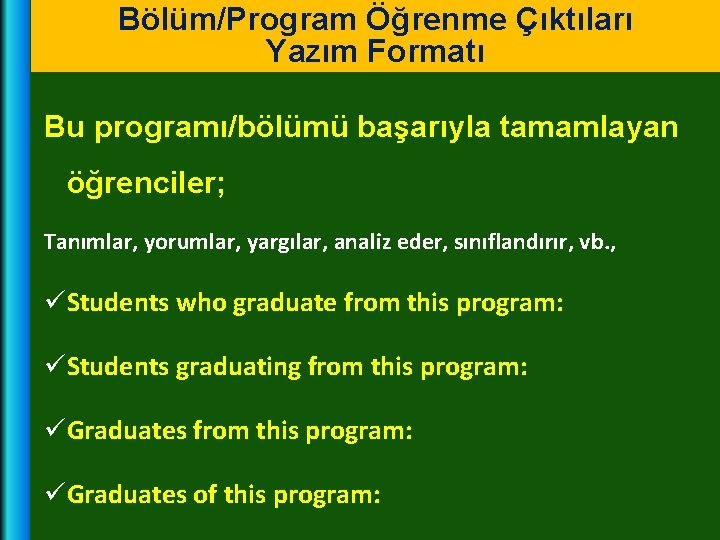 Bölüm/Program Öğrenme Çıktıları Yazım Formatı Bu programı/bölümü başarıyla tamamlayan öğrenciler; Tanımlar, yorumlar, yargılar, analiz