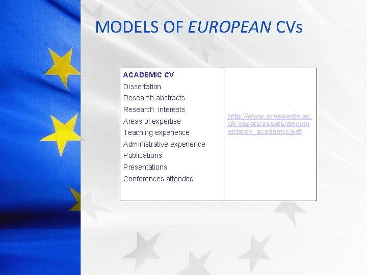 MODELS OF EUROPEAN CVs ACADEMIC CV Dissertation Research abstracts Research interests Areas of expertise