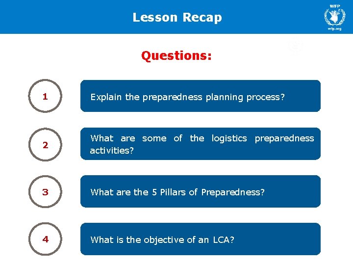 Lesson Recap Questions: 1 Explain the preparedness planning process? 2 What are some of
