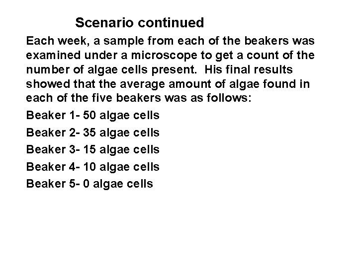 Scenario continued Each week, a sample from each of the beakers was examined under